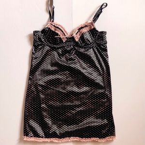 Polka dot sleeveless top, pink lace detail,